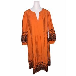 NWT CHICO’S Poplin Embroidered Sleeve Midi Dress Size 1.5 US 10 Orange